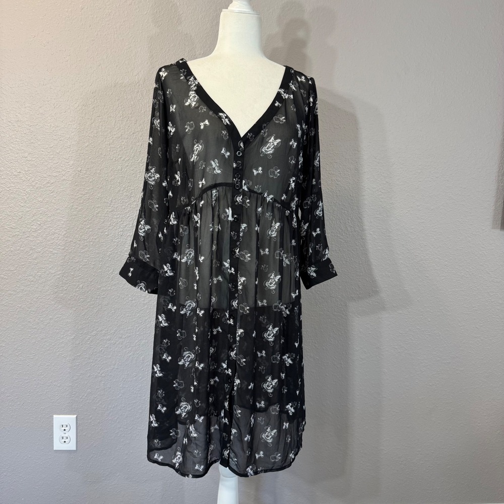 Disney Women's Size 00 Black Minnie Mouse Bow Sheer Button Up Cover Up 11586798
